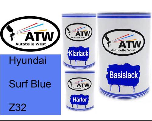 Hyundai, Surf Blue, Z32: 500ml Lackdose + 500ml Klarlack + 250ml Härter - Set, von ATW Autoteile West.